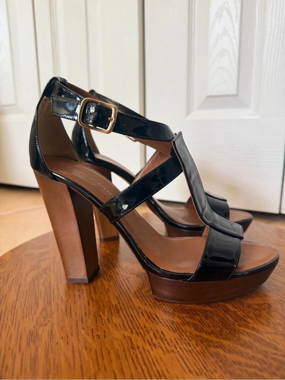 Bettye Muller Retro Black Patent Platform Sandals with Wood-Effect Block 4” Heel
